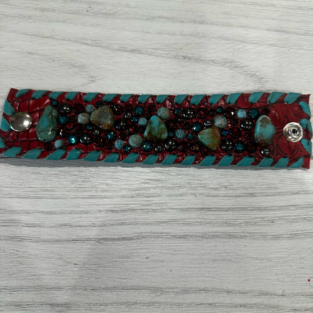 Handcrafted Red and Turquoise Beaded Leather Bracelet